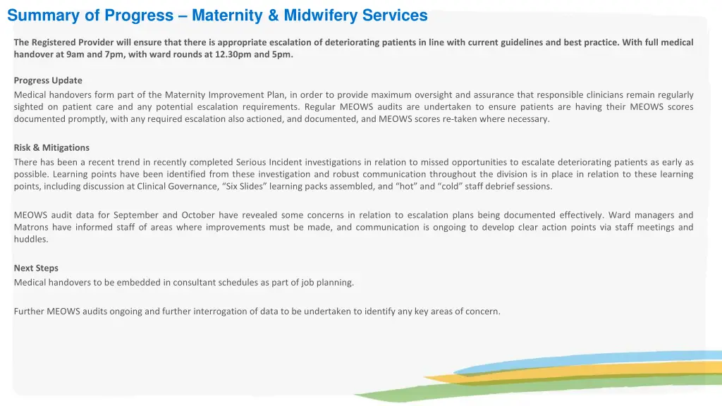 summary of progress maternity midwifery services