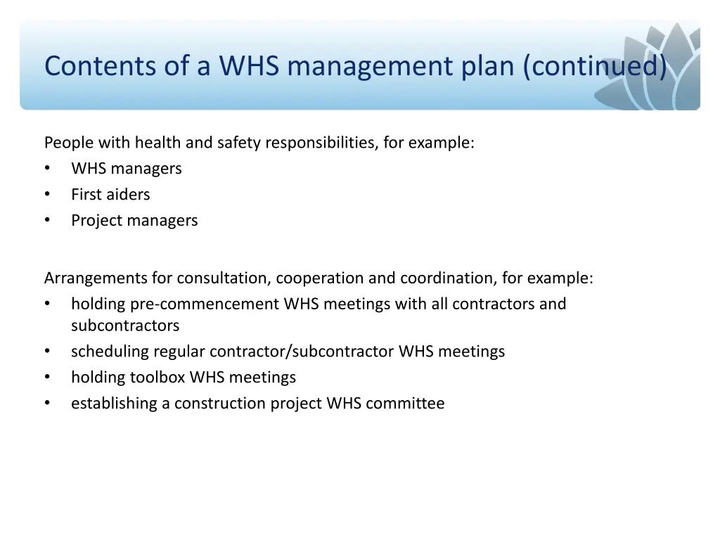 contents of a whs management plan continued 1