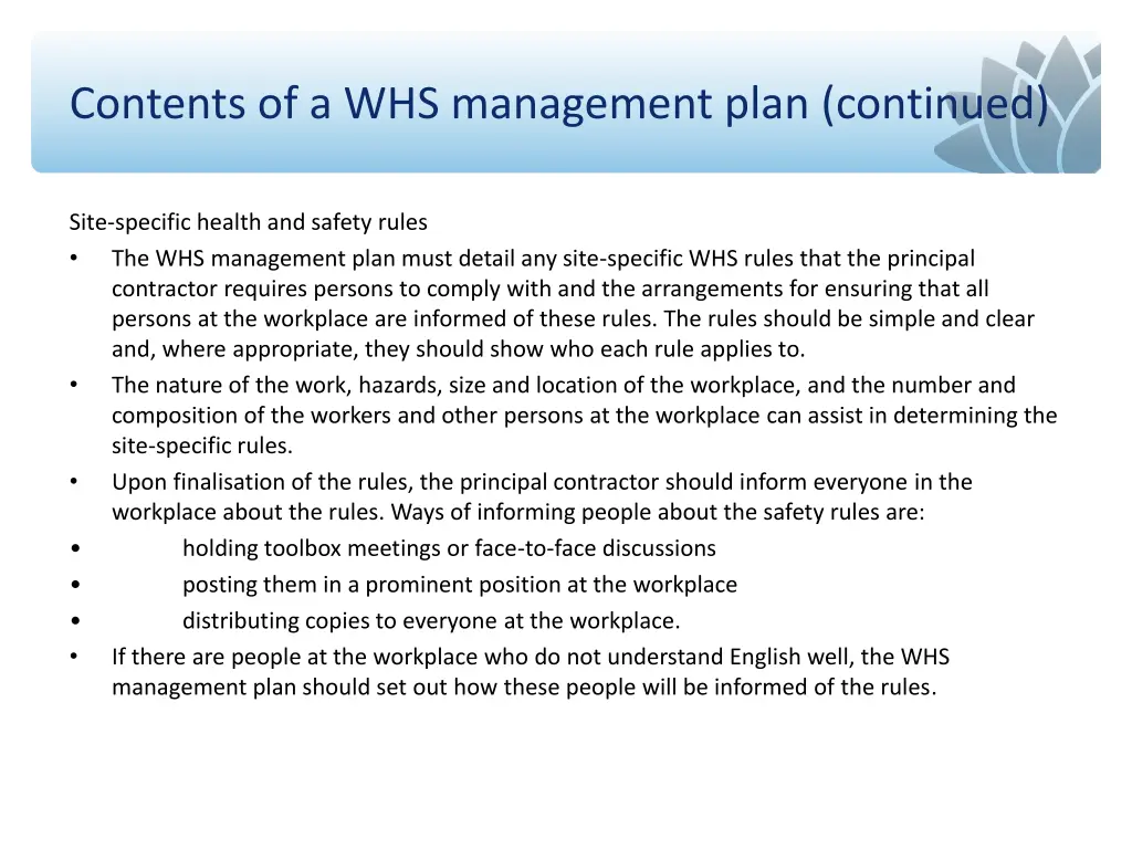 contents of a whs management plan continued 3