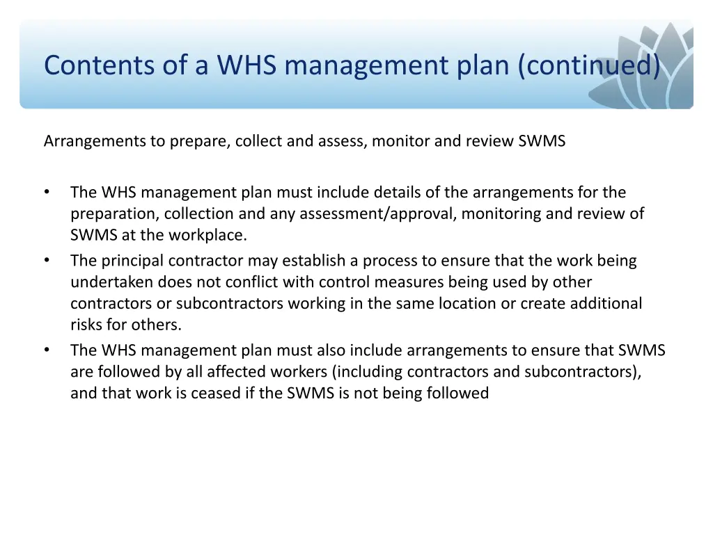 contents of a whs management plan continued 4