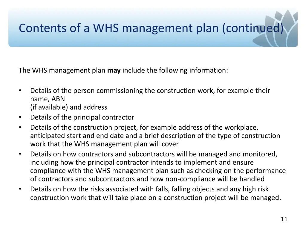 contents of a whs management plan continued