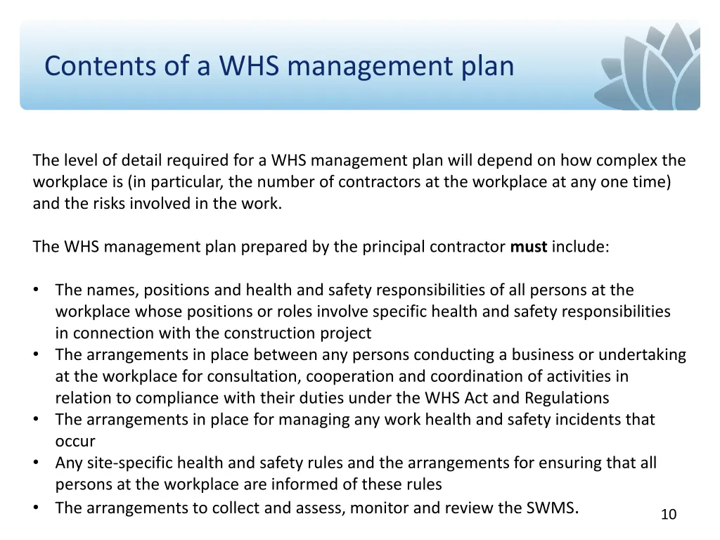 contents of a whs management plan