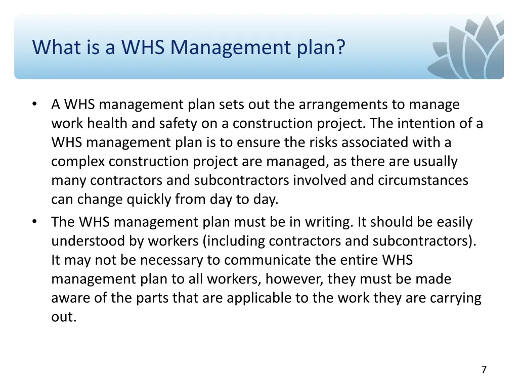 what is a whs management plan