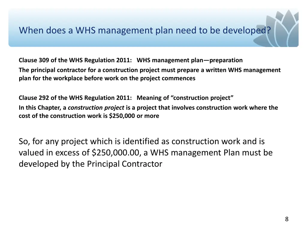 when does a whs management plan need