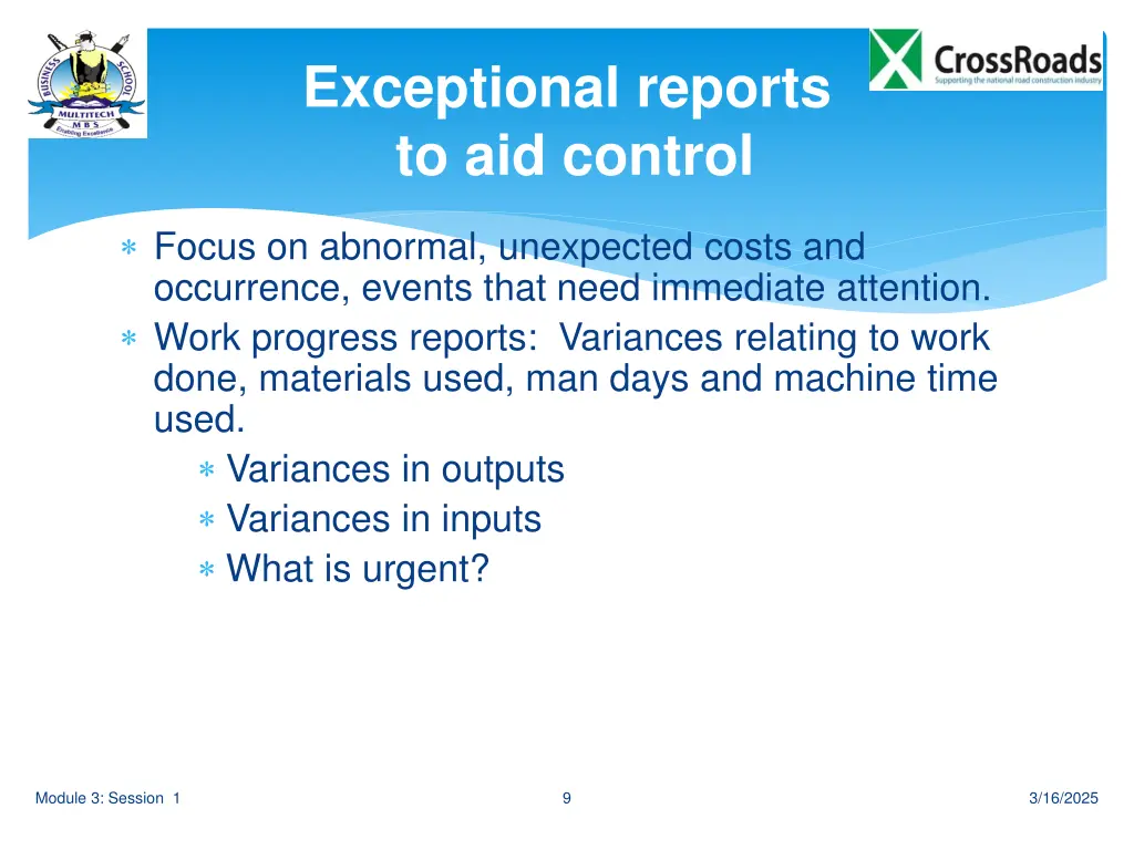 exceptional reports to aid control
