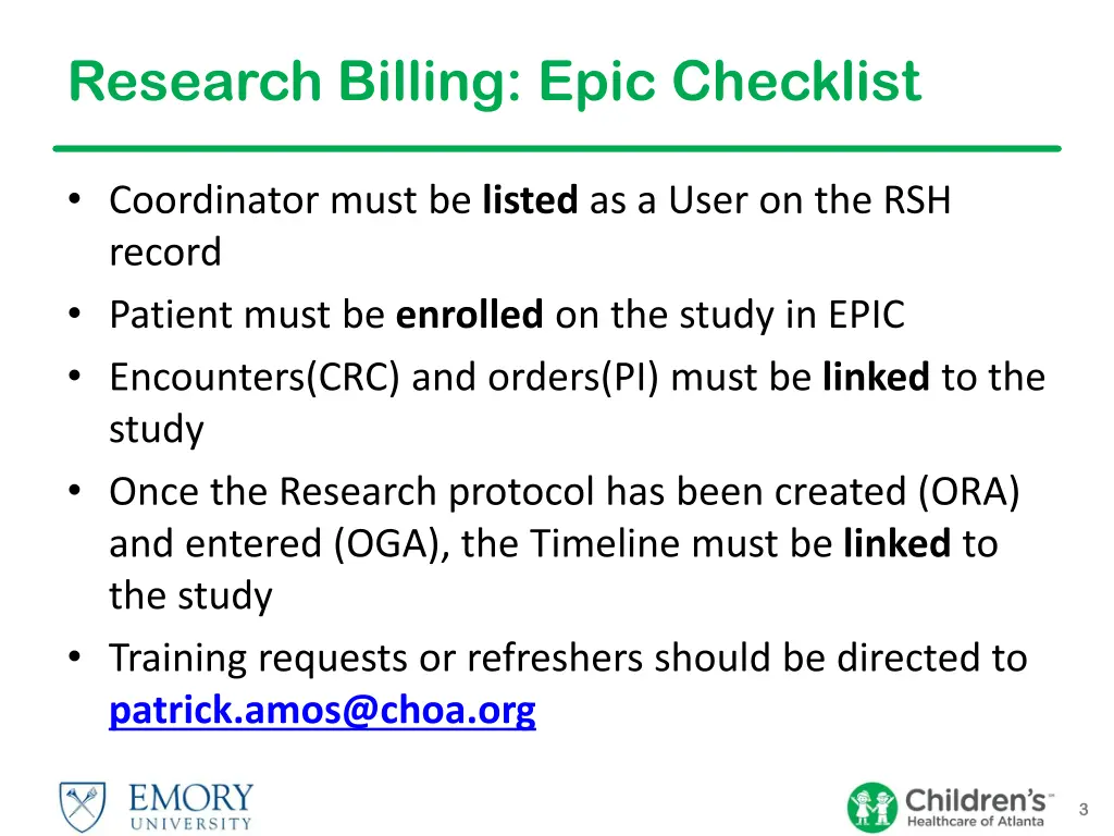 research billing epic checklist