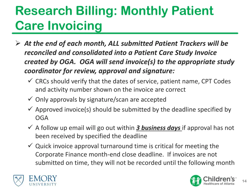 research billing monthly patient care invoicing