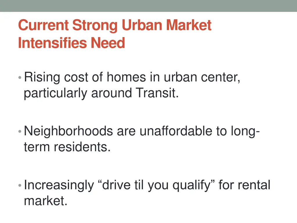 current strong urban market intensifies need