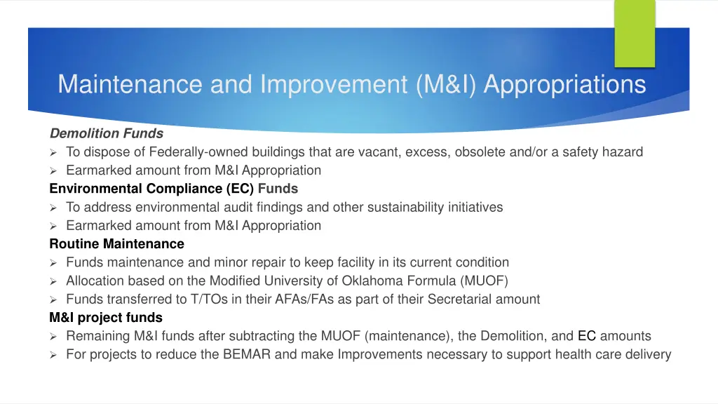 maintenance and improvement m i appropriations