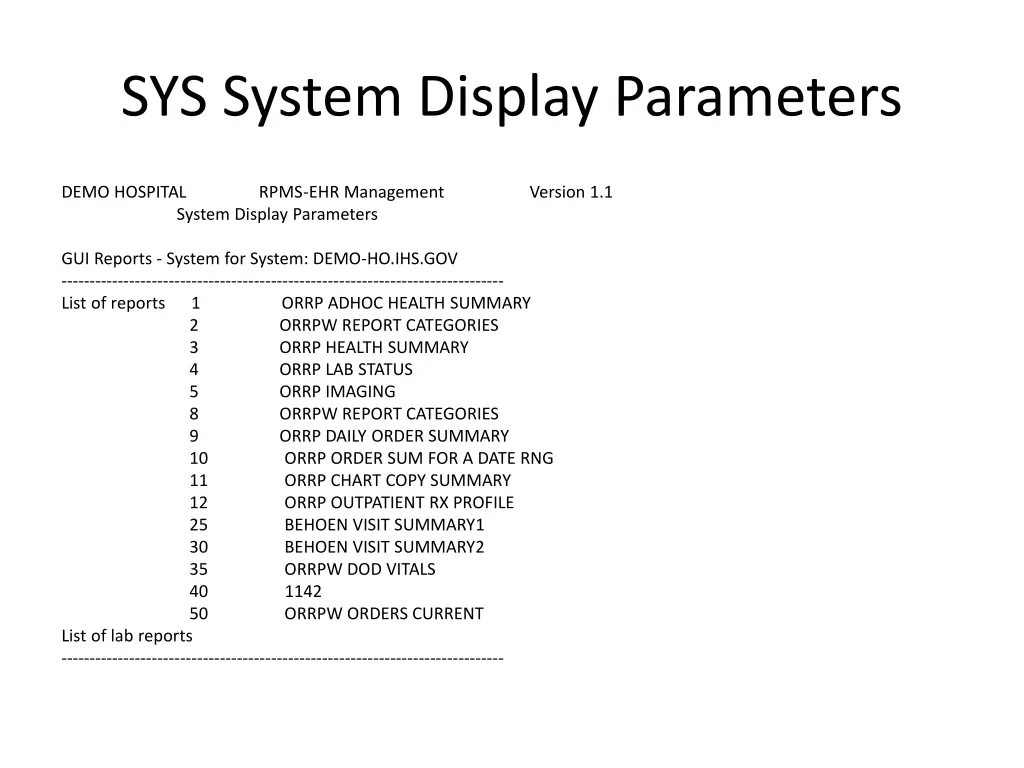 sys system display parameters