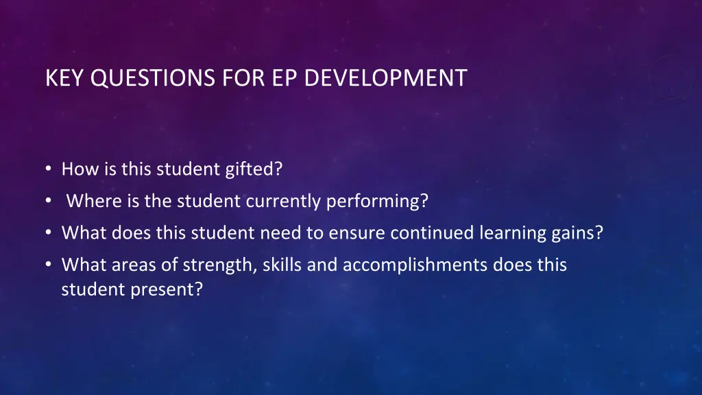 key questions for ep development