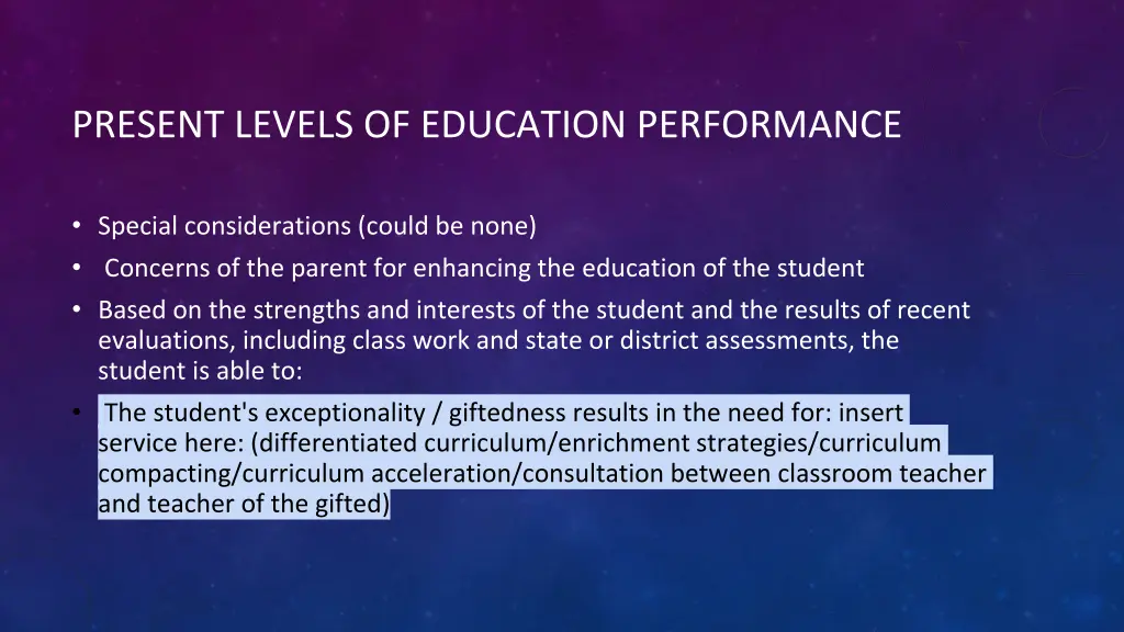 present levels of education performance