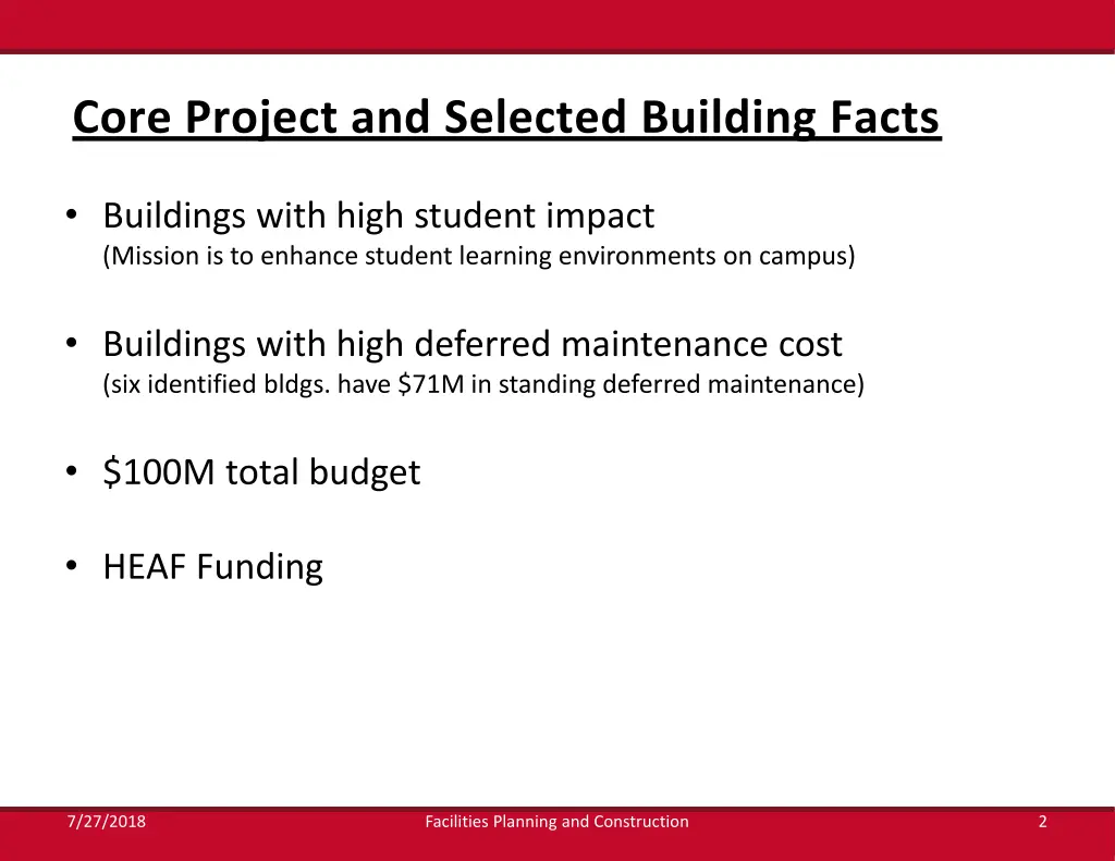 core project and selected building facts