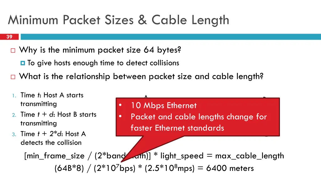 minimum packet sizes cable length 1