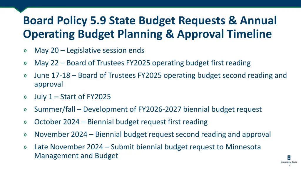 board policy 5 9 state budget requests annual