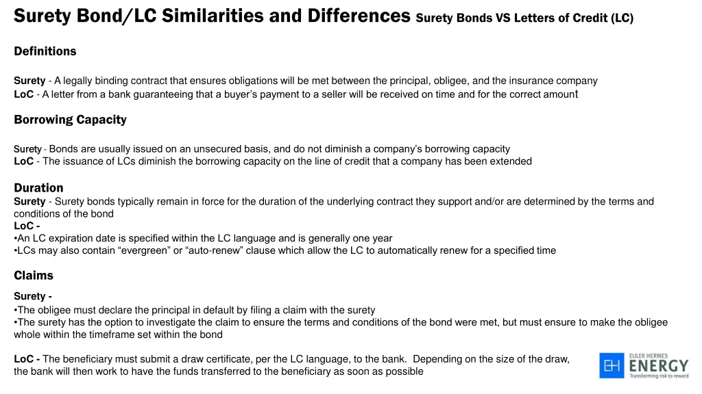 surety bond lc similarities and differences