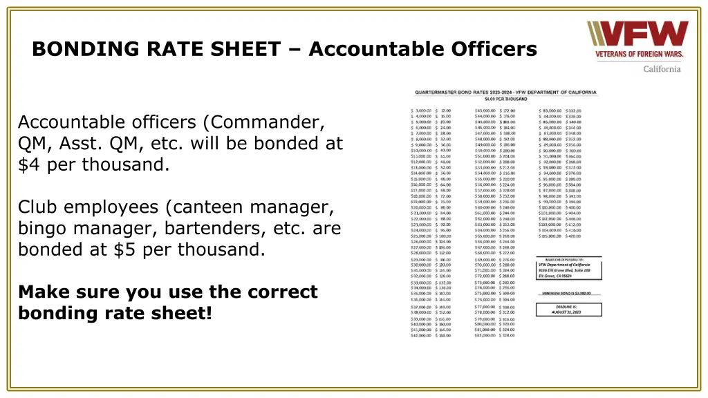bonding rate sheet accountable officers