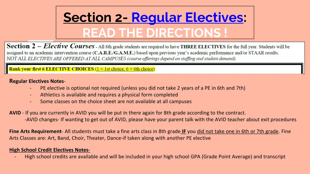 section 2 regular electives read the directions