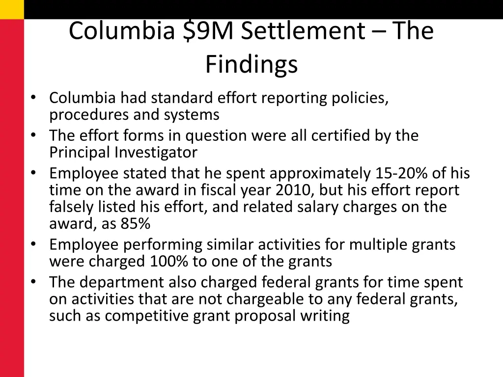 columbia 9m settlement the findings columbia