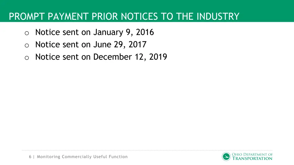 prompt payment prior notices to the industry