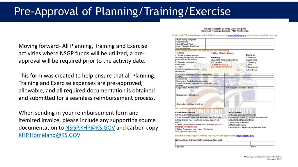 pre approval of planning training exercise