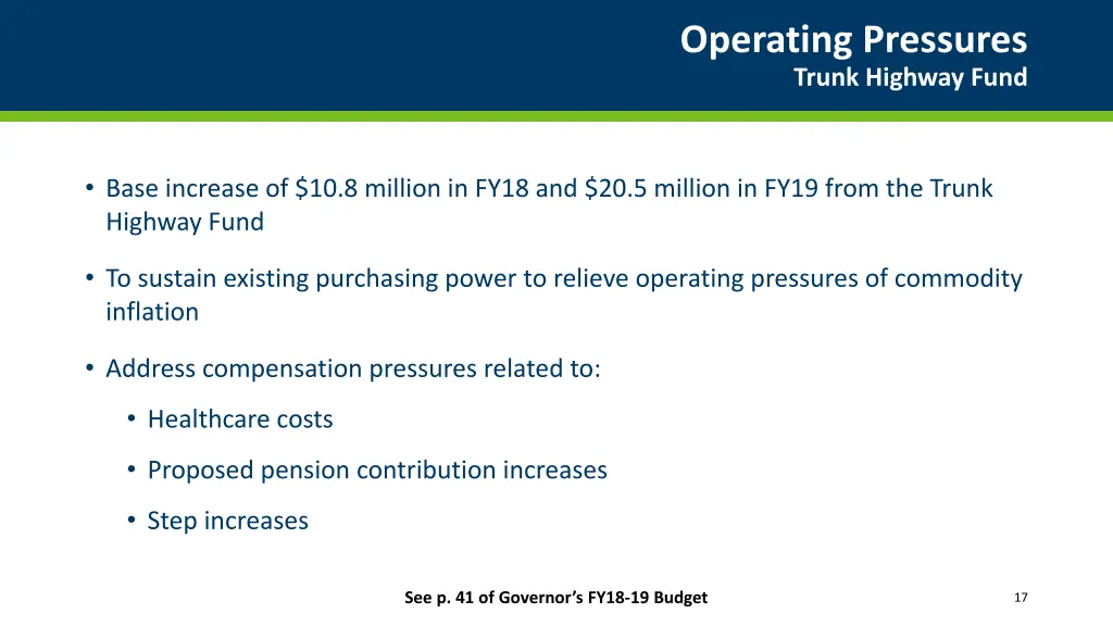 operating pressures trunk highway fund