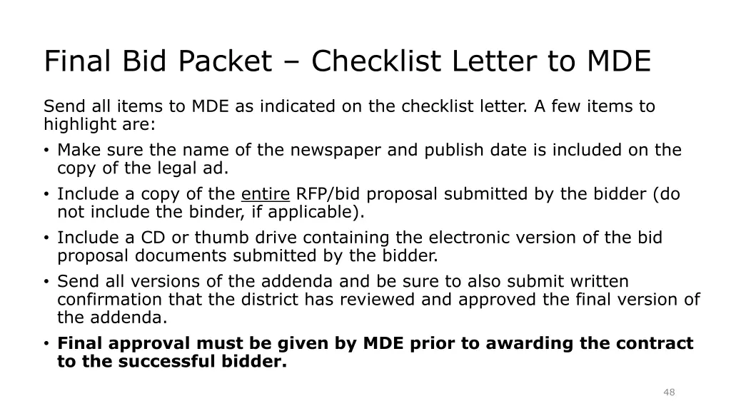 final bid packet checklist letter to mde