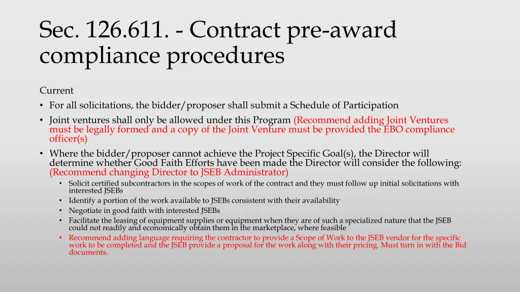 sec 126 611 contract pre award compliance