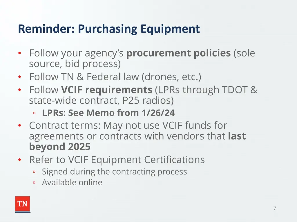 reminder purchasing equipment