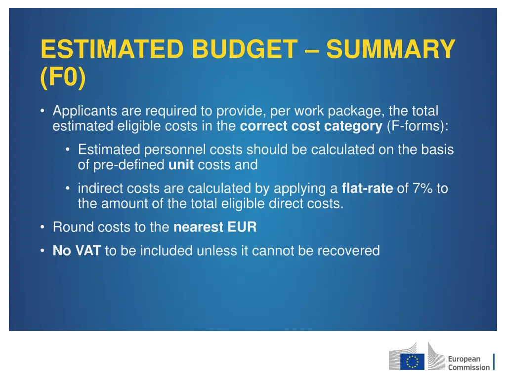 estimated budget summary f0