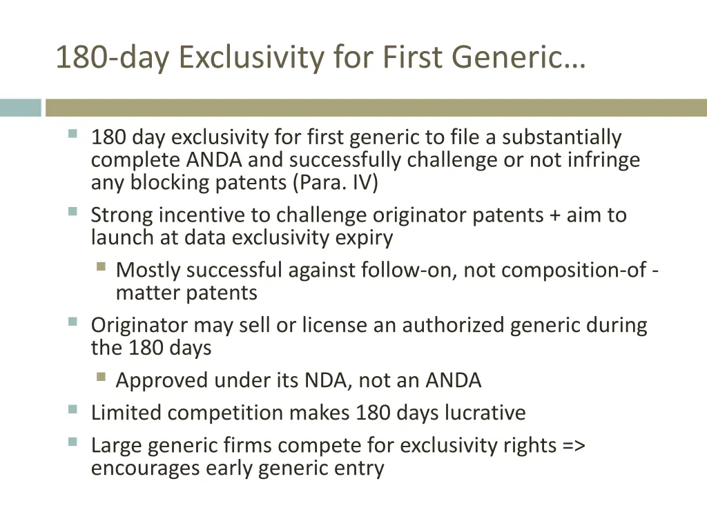 180 day exclusivity for first generic