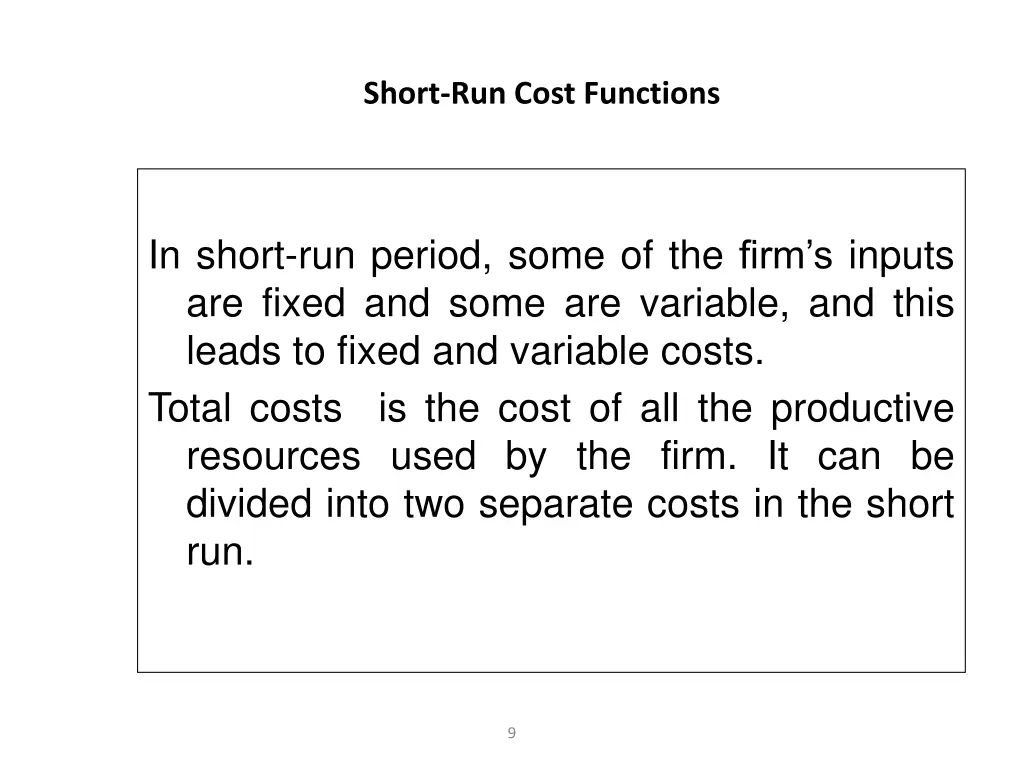 short run cost functions