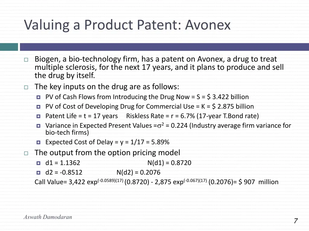 valuing a product patent avonex