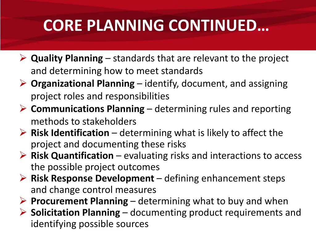 core planning continued