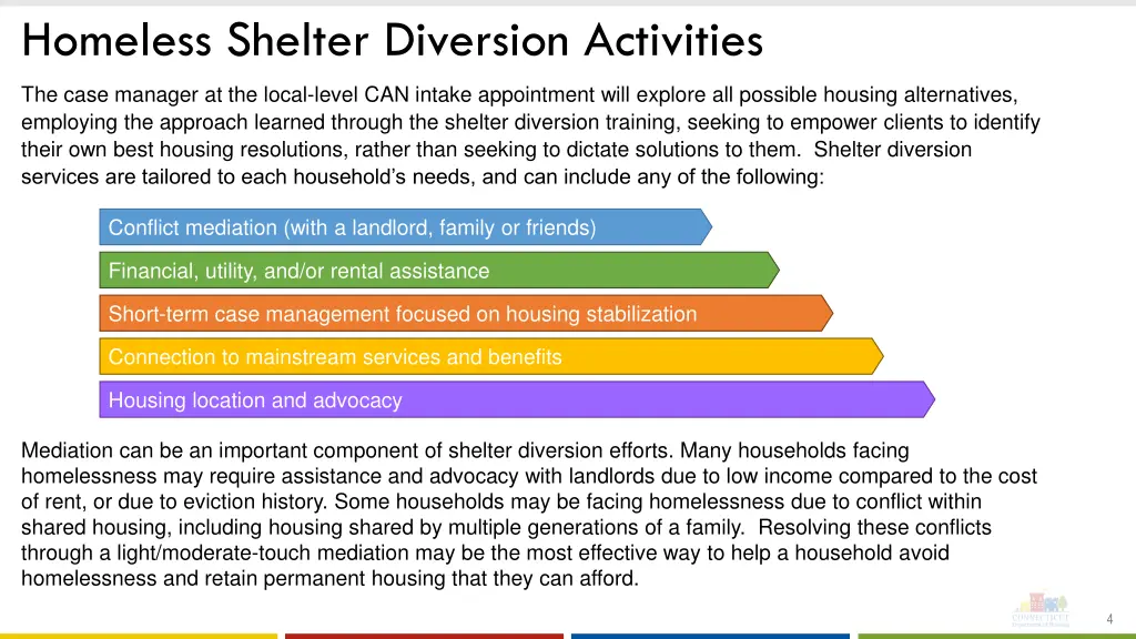 homeless shelter diversion activities
