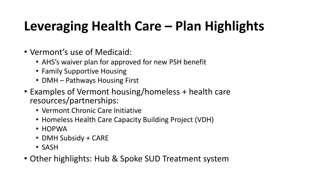 leveraging health care plan highlights