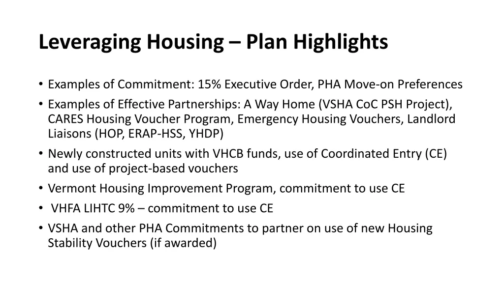 leveraging housing plan highlights