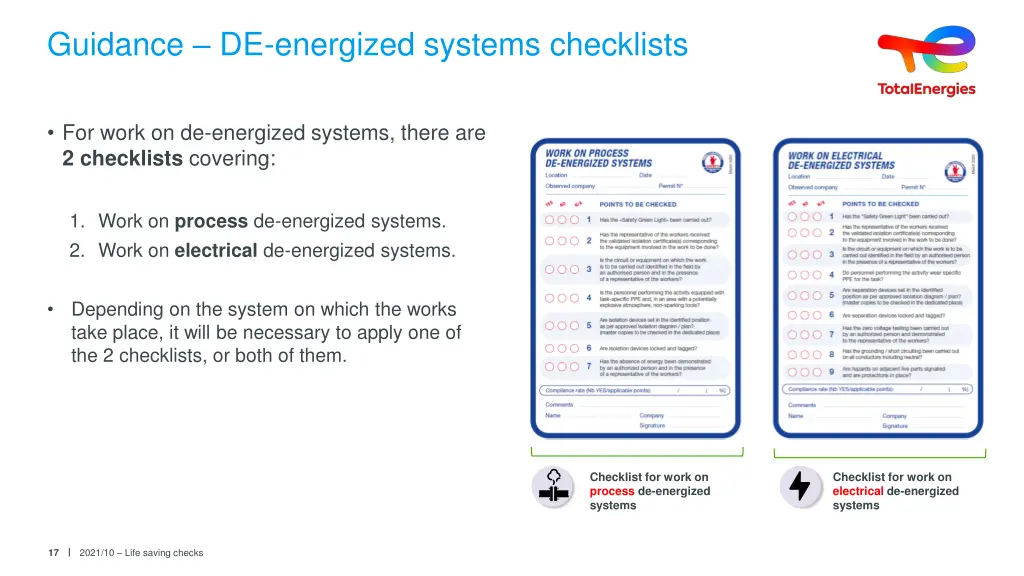 guidance de energized systems checklists