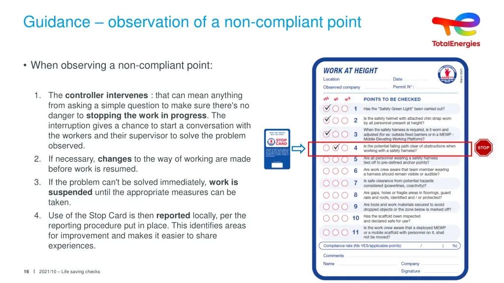 guidance observation of a non compliant point