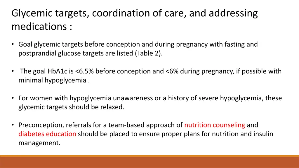 glycemic targets coordination of care