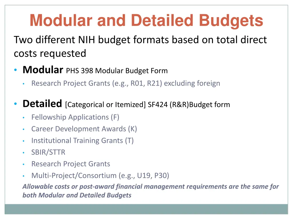 modular and detailed budgets