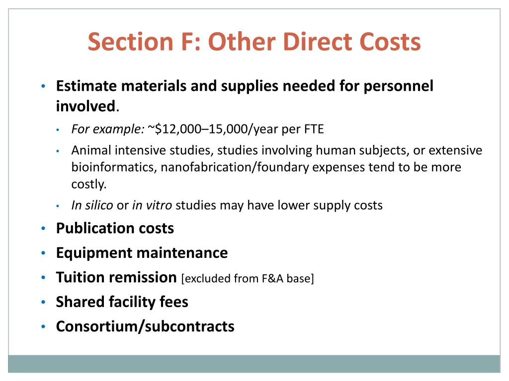 section f other direct costs