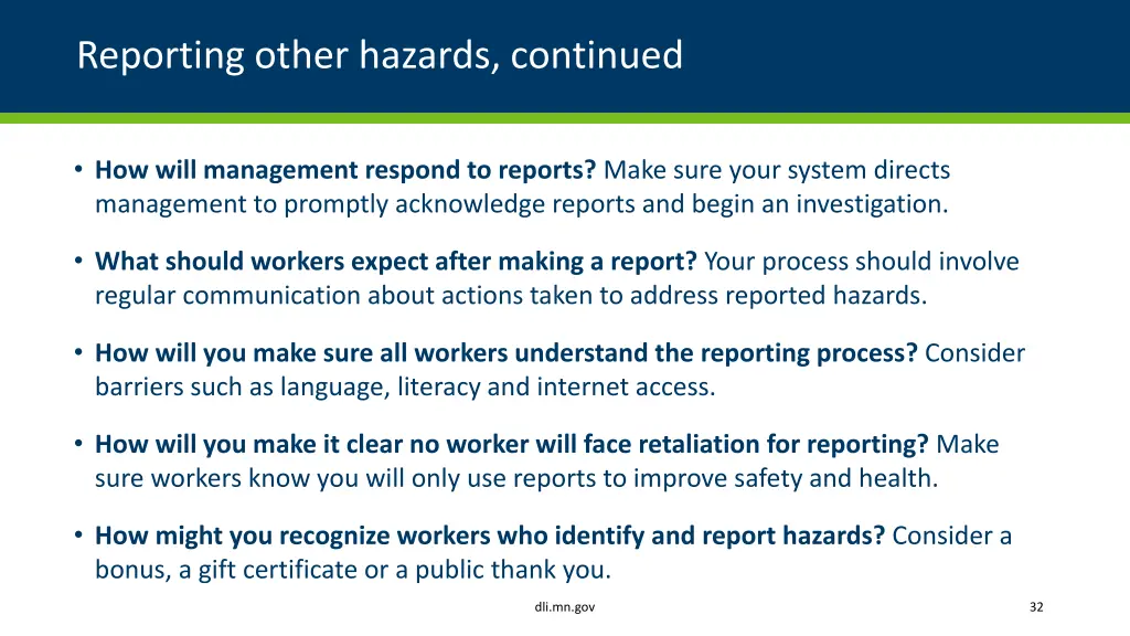 reporting other hazards continued