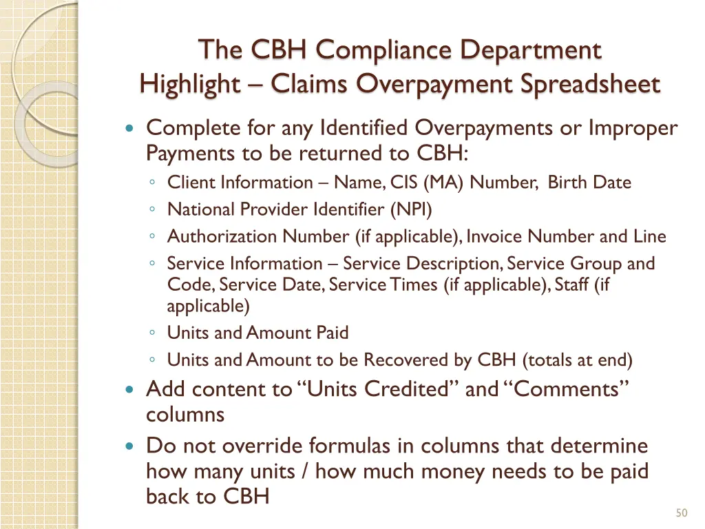 the cbh compliance department highlight claims