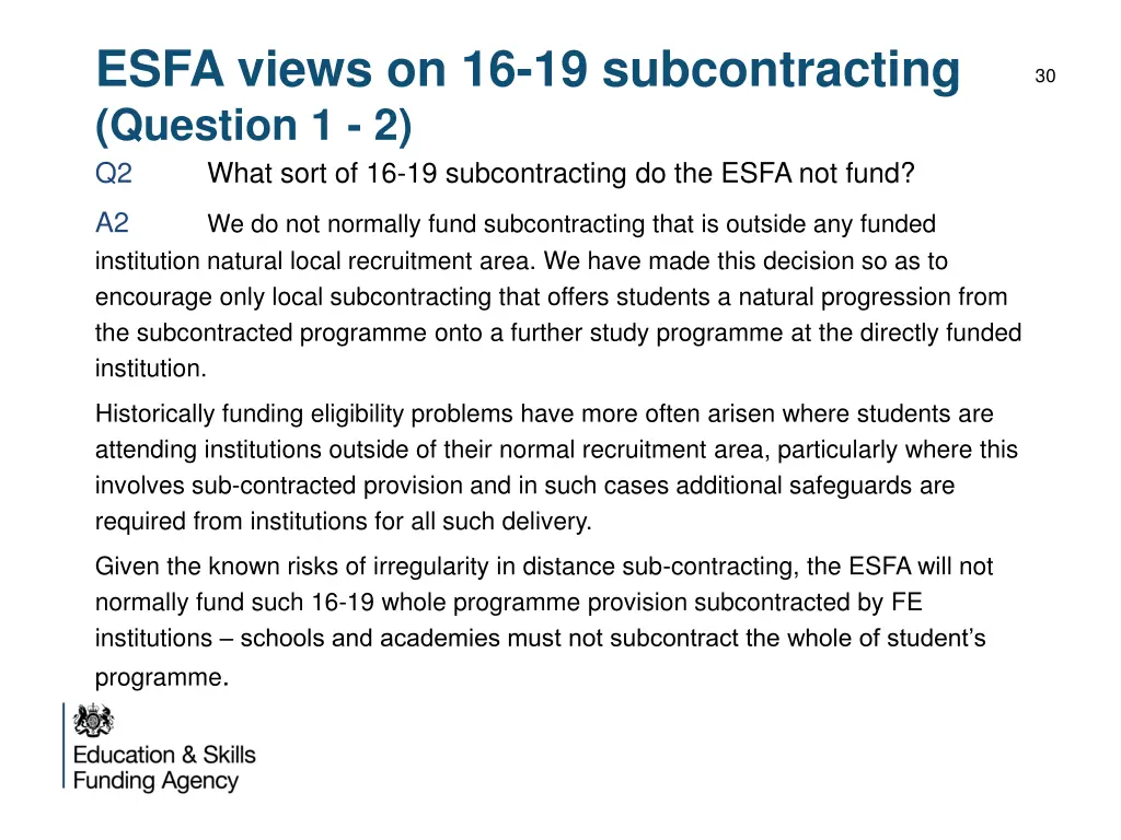 esfa views on 16 19 subcontracting question 1