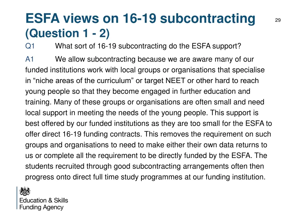 esfa views on 16 19 subcontracting question