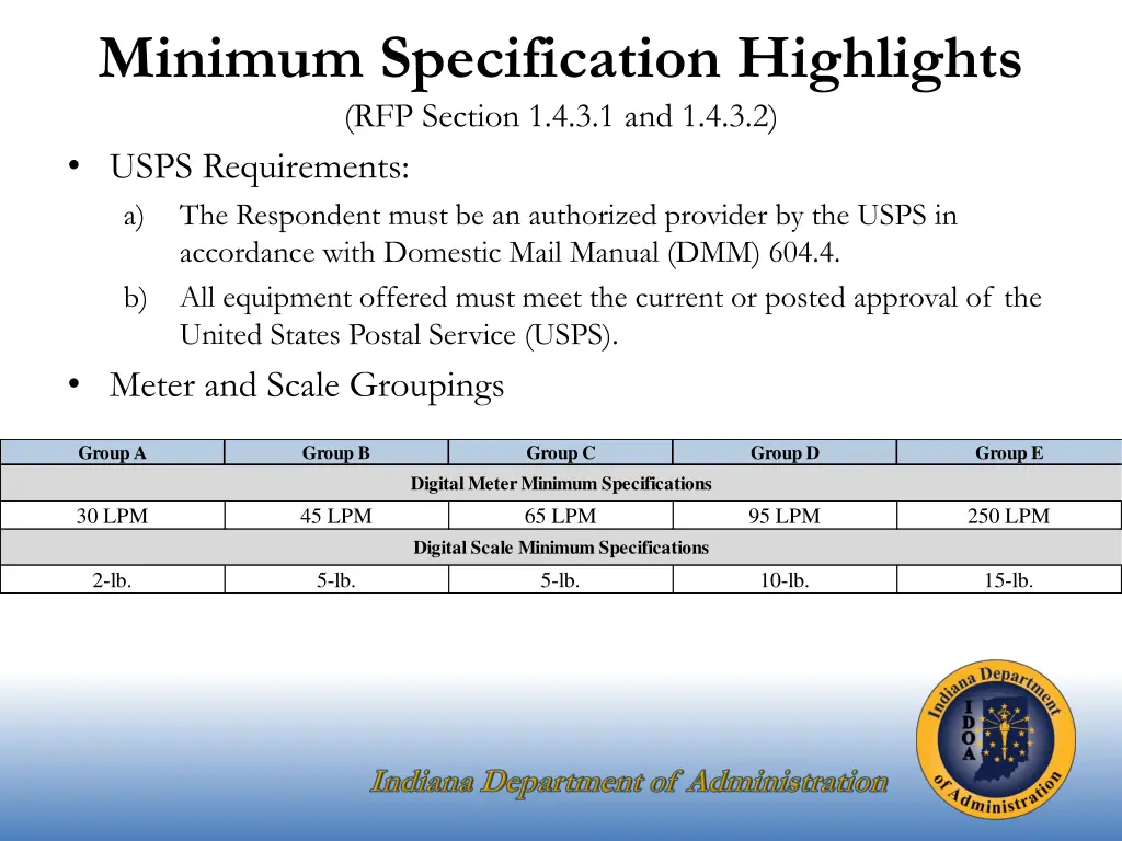 minimum specification highlights rfp section