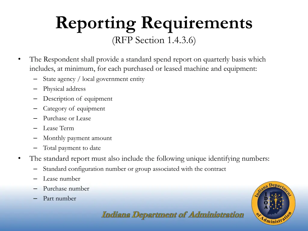 reporting requirements rfp section 1 4 3 6