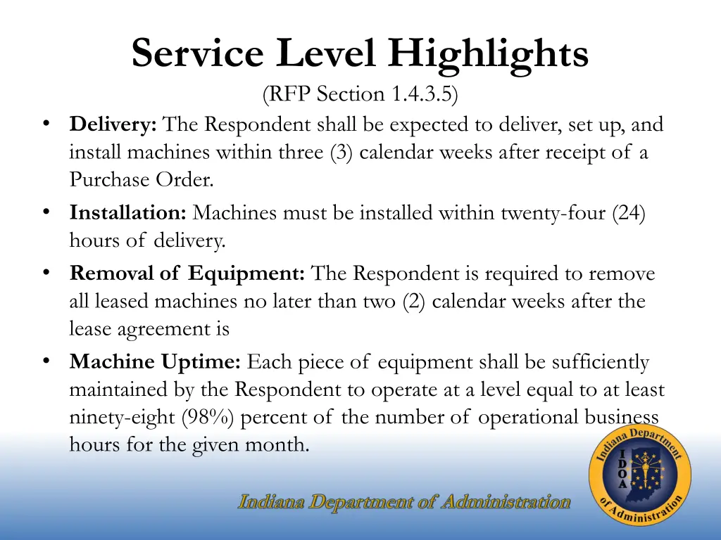 service level highlights rfp section