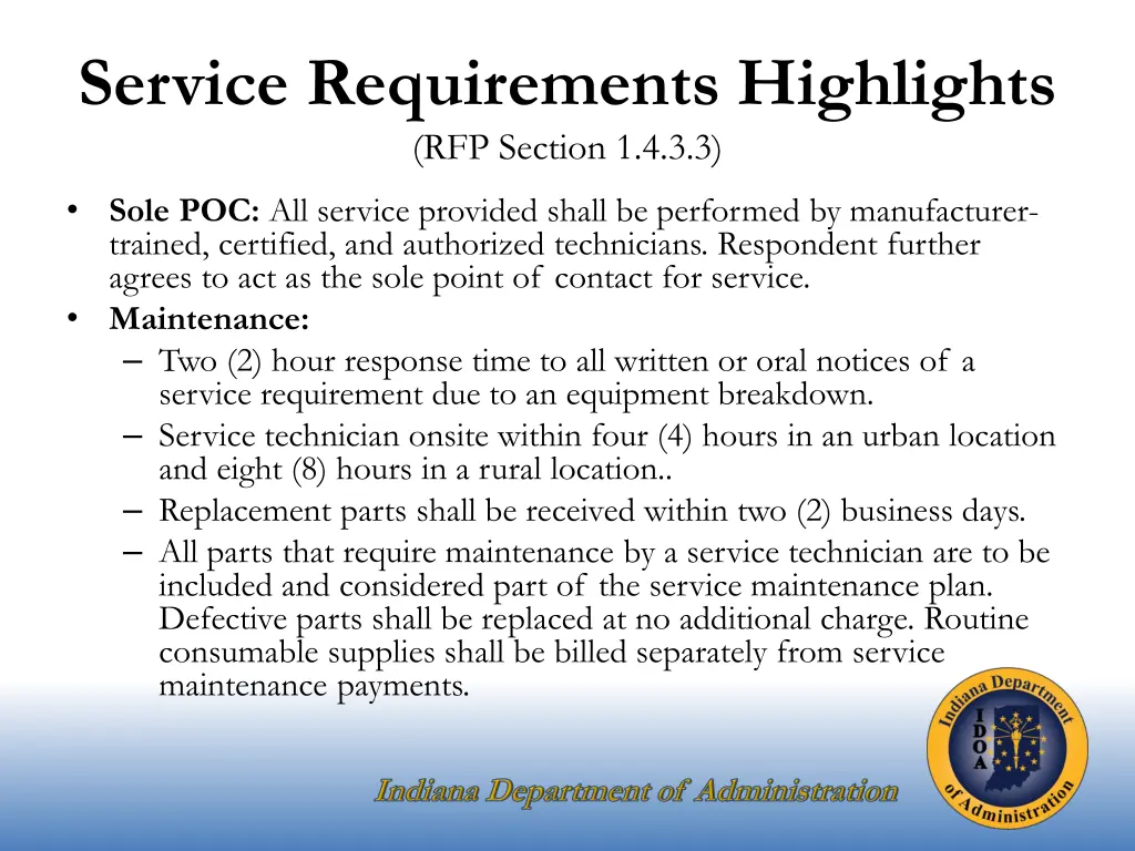 service requirements highlights rfp section